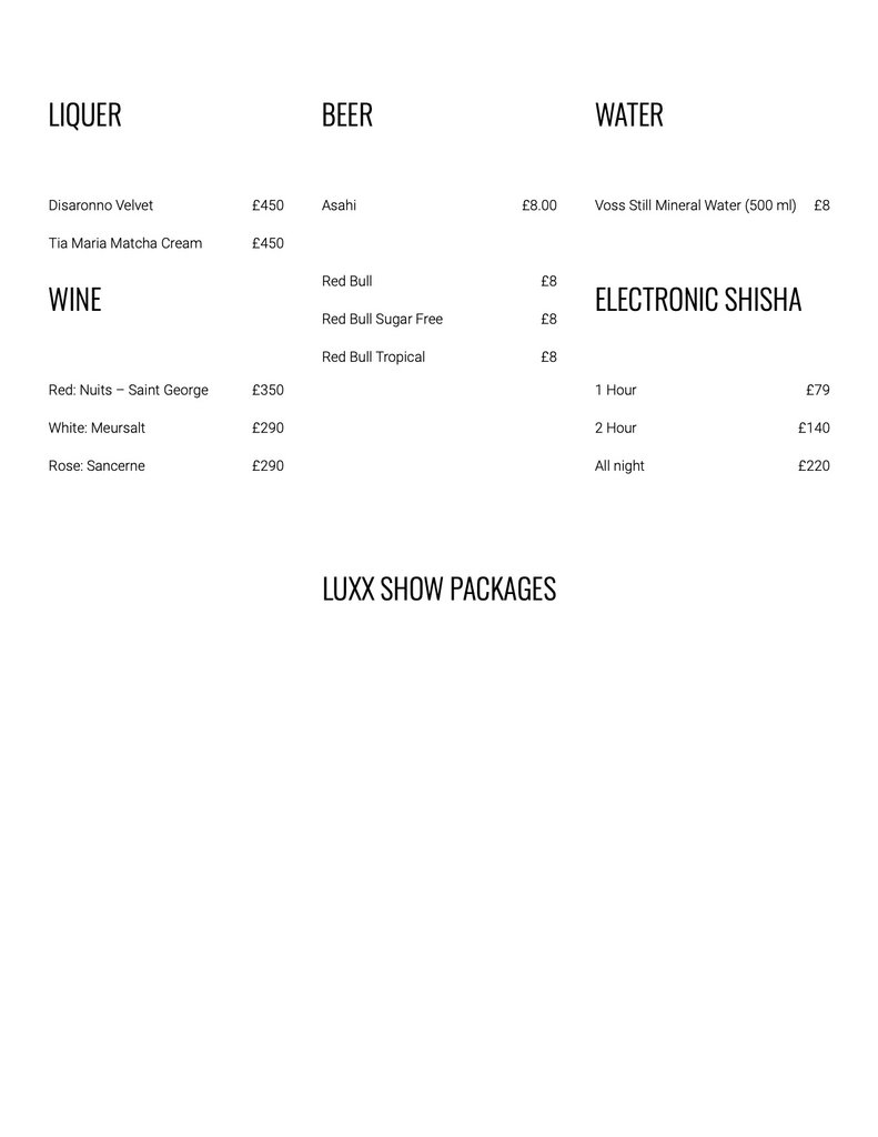 luxx bottle menu